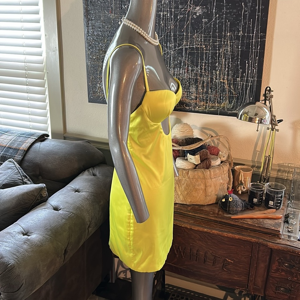 oh POLLY ‘Ahead Of The Curve' Underwired Satin Mini Dress in Neon Yellow - Picture 6 of 16